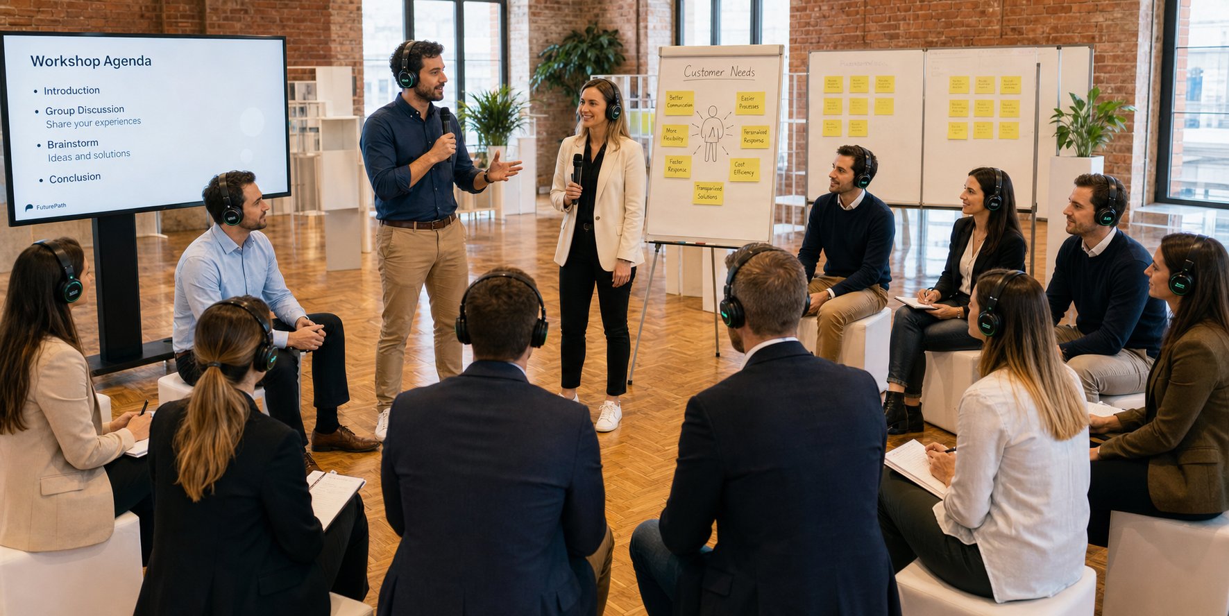 Gruppe im Stuhlkreis bei einem Silent-Workshop mit Flipchart und Agenda (KI-generierte Darstellung)